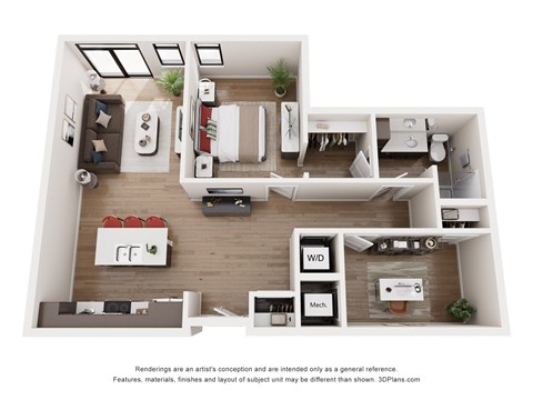 Floor plan for 1 bed, 1 bath, 929 sqft